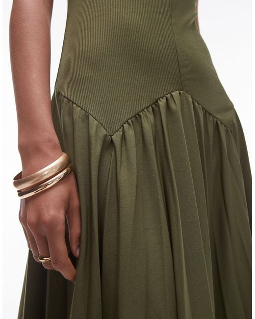 TOPSHOP Green V Neck Jersey And Pleated Midi Dress