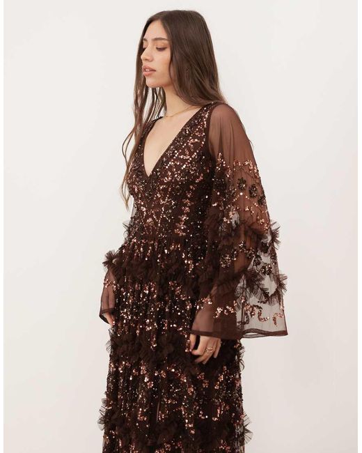 Maya Brown Fully Embellished Frill Maxi Dres