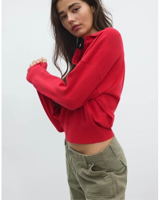 Stradivarius Red Polo Collar Knit Sweater