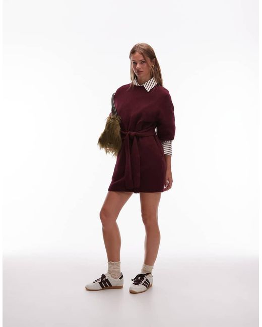 & Other Stories Red Knitted Belted Mini Dress With Wide Sleeves
