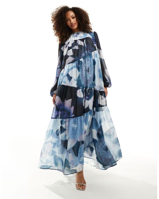 ASOS Blue Mixed Floral Print Smock Maxi Dress