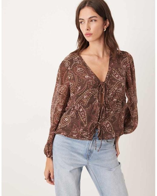 Abercrombie & Fitch Brown Tie Front Long Sleeve Blouse