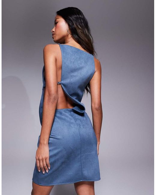 ASOS Blue Slash Neck Suede Mini Dress With Asymmetric Back