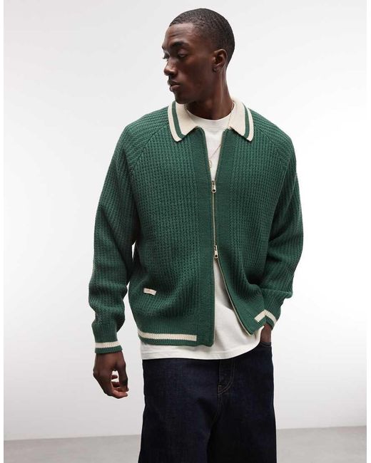 BLKVIS Green Full Zip Cardigan With Collar for men