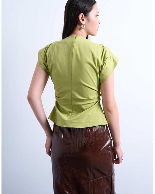 TOPSHOP Green Cinch Waist Ruched Top