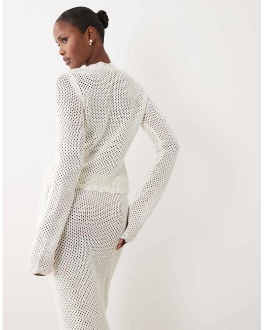 The Frolic Purple Exclusive Cotton Rich Open Crochet Scallop Edge Tie Split Front Long Sleeve Beach Top Co-Ord