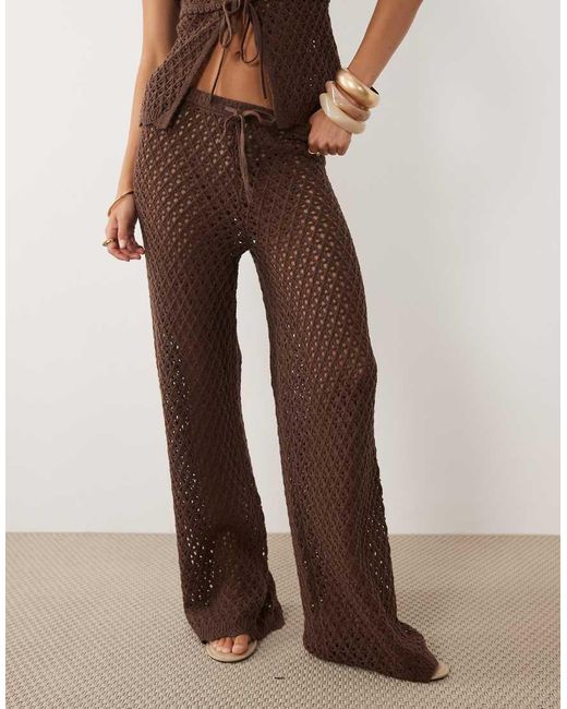4th & Reckless Brown Cotton Blend Crochet Tie Waist Wide Leg Beach Trousers Co-Ord