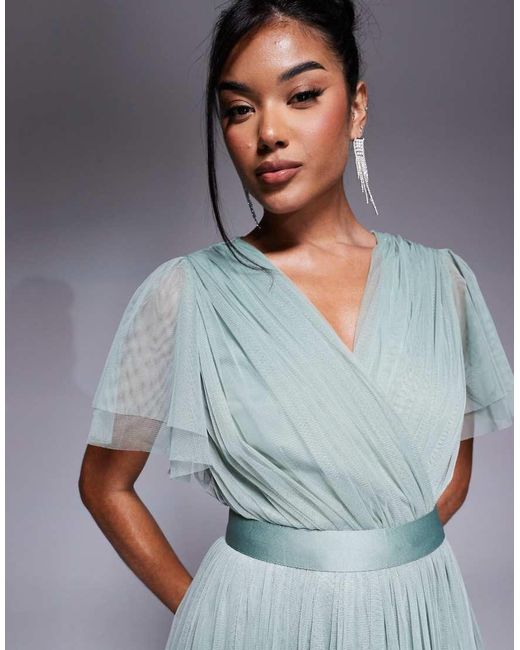 ANAYA Blue Faux Wrap Short Sleeve Bridesmaid Maxi Dress