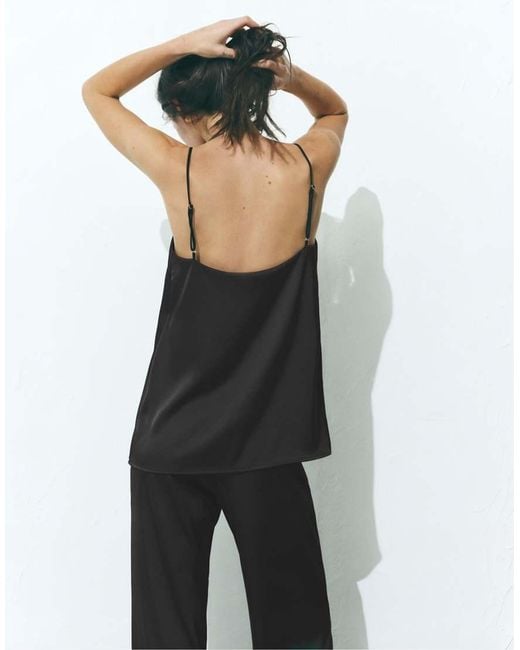 Pull&Bear Black Satin Fabric Strappy Top