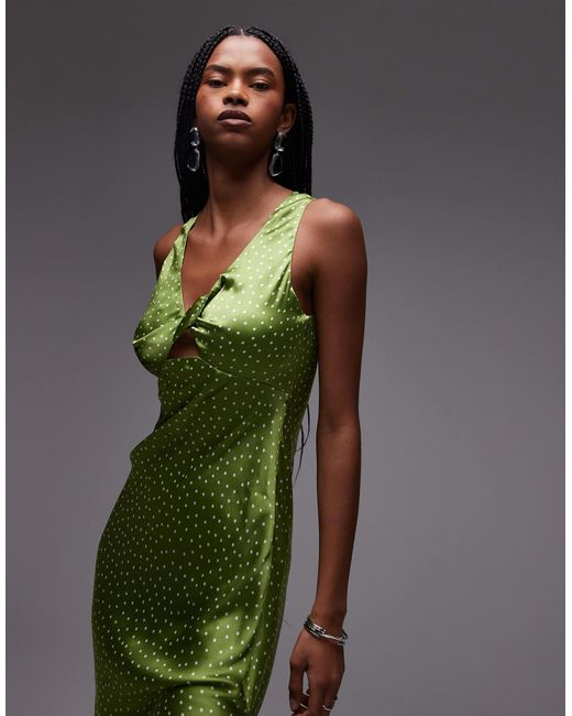 Robe à pois mi-longue avec détail torsadé à l'avant - olive TOPSHOP en coloris Green