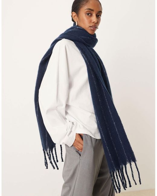 ASOS Blue Woven Fluffy Scarf With Navy And Grey Stripe Design