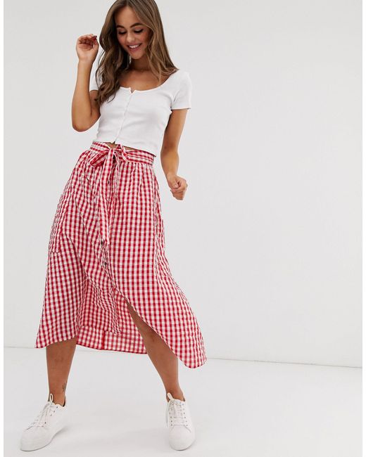 ASOS Red Gingham Full Midi Skirt With Belt And Pockets