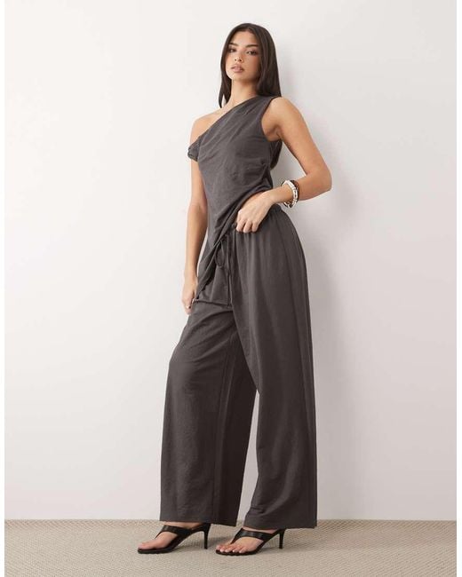 ASOS Gray Co-Ord Linen Look Tie Waist Wide Leg Trousers