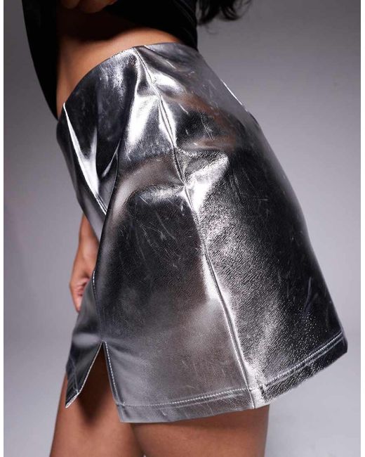 Brave Soul Blue Faux Leather Mini Skirt With Side Split
