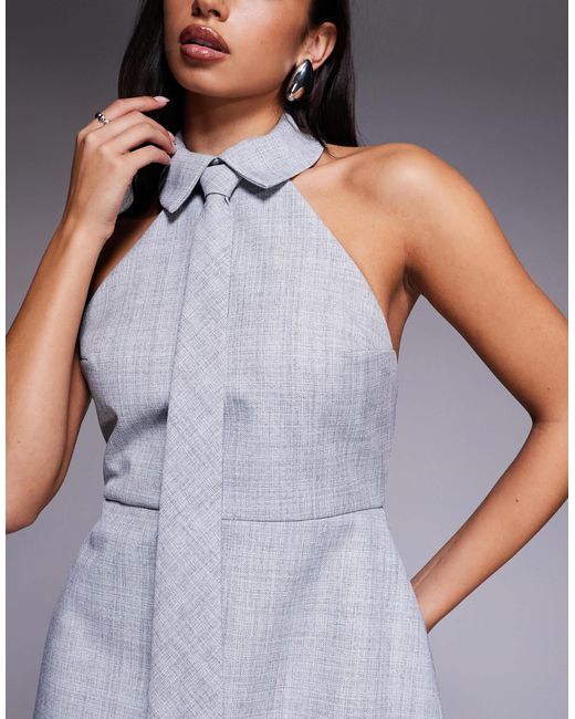 ASOS Gray Tailored Halter Mini Dress With Tie And Structured Skirt