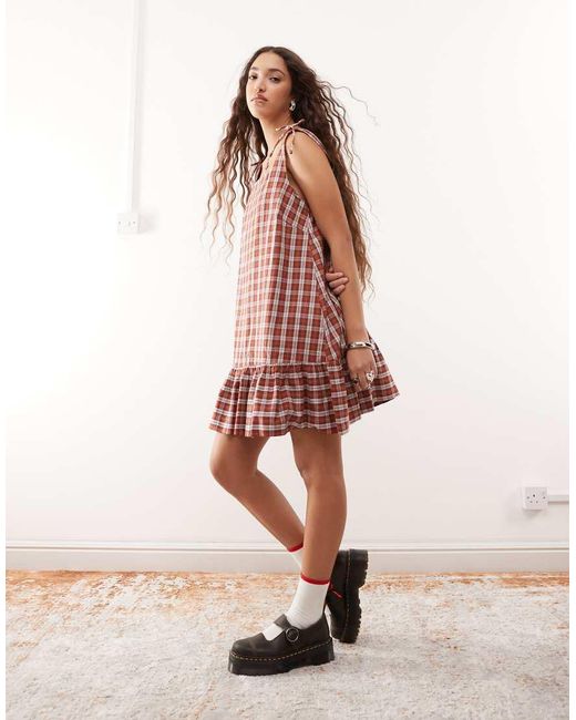 Collusion Red Square Neck Check Babydoll Mini Dress