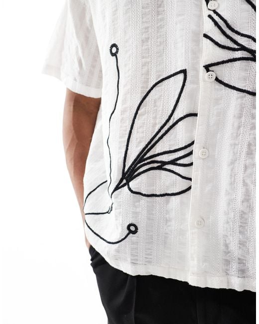 Bershka White Floral Embroidered Shirt for men