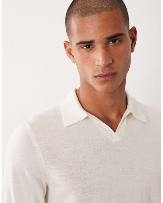 ASOS White Short Sleeve Knitted Pure Merino Wool Notch Neck Polo for men