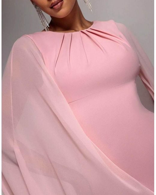 Goddiva Pink Cape Sleeve Chiffon And Sculpting Stretch Jersey Crepe Maxi Dress