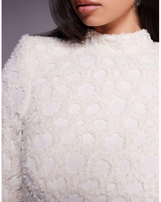 ASOS Gray Pearl Embellished Laser Cut High Neck Mini Dress