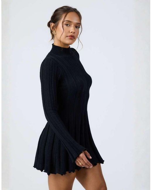 Aria Cove Blue Knitted High Neck Wide Rib Pleat Hem Mini Dress