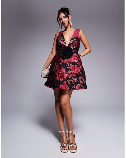 ASOS Red Jacquard Plunge Caged Mini Dress With Corsage