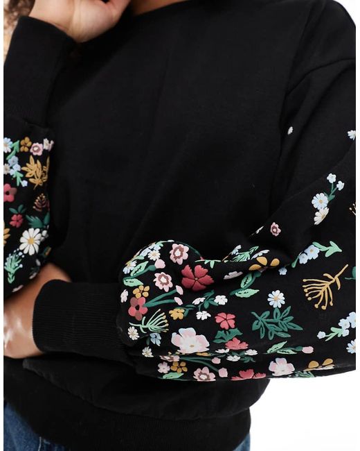 ONLY Black Crew Neck Jumper With Floral Sleeve Detail