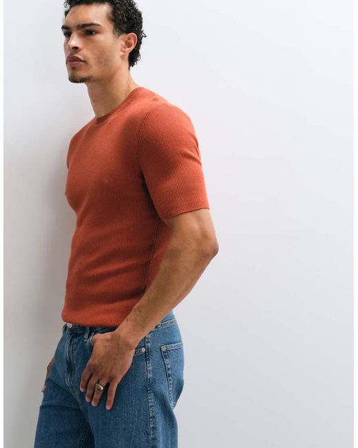 ASOS Red Essential Muscle Fit Fine Rib Knit Crew Neck for men