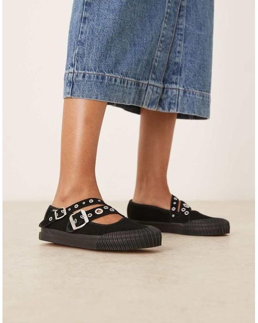 Vans Blue Mary Jane Cross Strap Ballet Pumps With Buckle Detailing