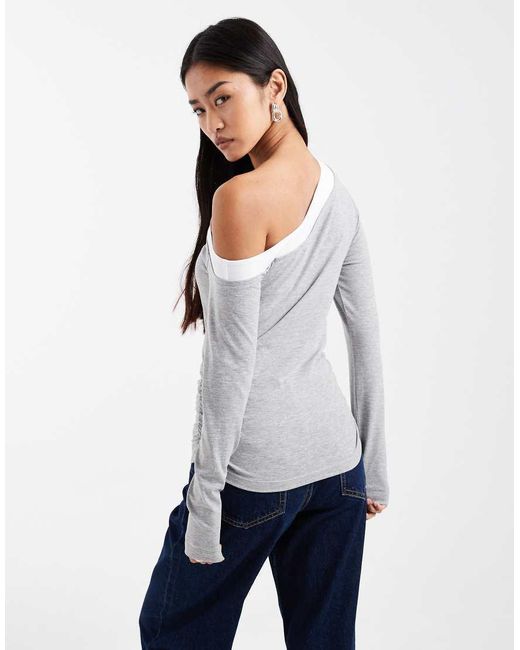ASOS Gray Off Shoulder Double Layer Long Sleeve Top
