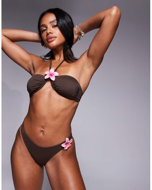 ASOS Brown Hallie Ibiza High Leg Bikini Bottom With Hibiscus Resin Trim