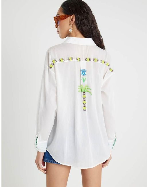 River Island White Palm Tree Embroidered Shirt