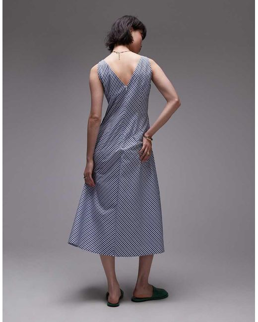 Vestido Midi A Rayas Azules Con Cuello De Pico De Algodón De Mango de color Gray