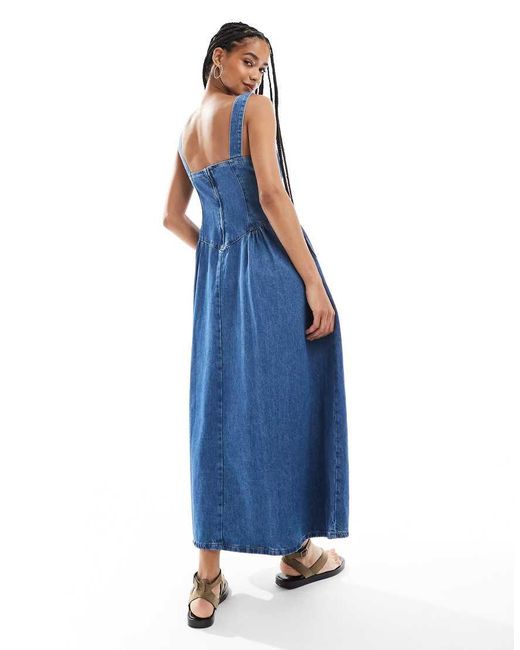 ASOS Blue Denim Midi Dress With Side Bustle Panels