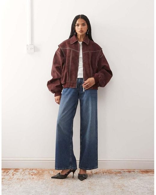 Lioness Blue Exclusive Vista Leather Look Contrast Stitch Bomber Jacket