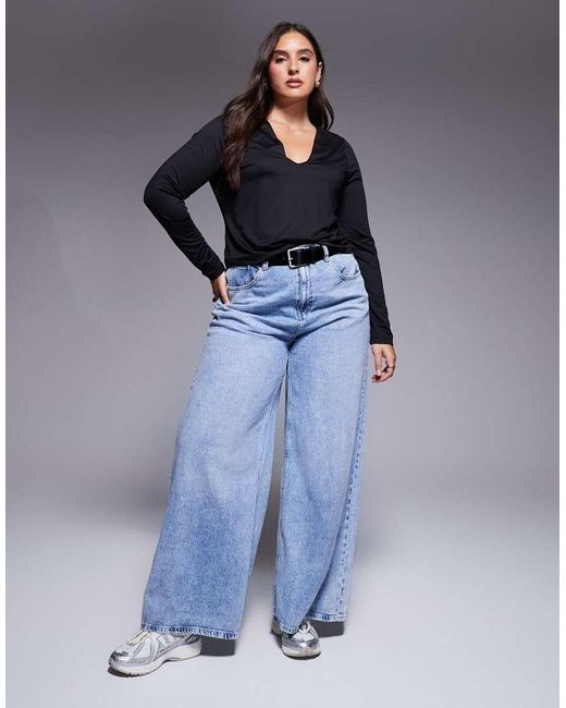 Top De Manga Larga Con Cuello De Pico Pronunciado De Tejido Doble De Asos Design Curve ASOS de color Black