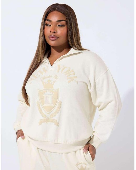 Yours Clothing White 'New York' Quarter Zip Sweatshirt
