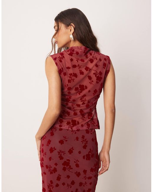 ASOS Red Ruched Side High Neck Flocked Mesh Top