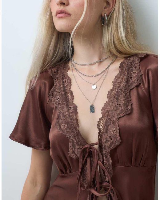 Reclaimed Vintage Brown Tie Front Top With Lace Trims