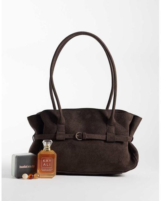 Pieces Black Faux Suede Buckle Detail Bowling Shoulder Bag