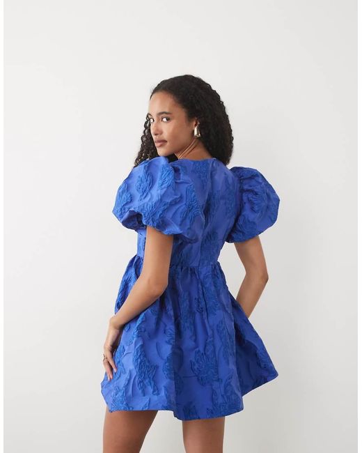 Sister Jane Blue Clover Exclusive Jacquard Puff Sleeve Mini Dress