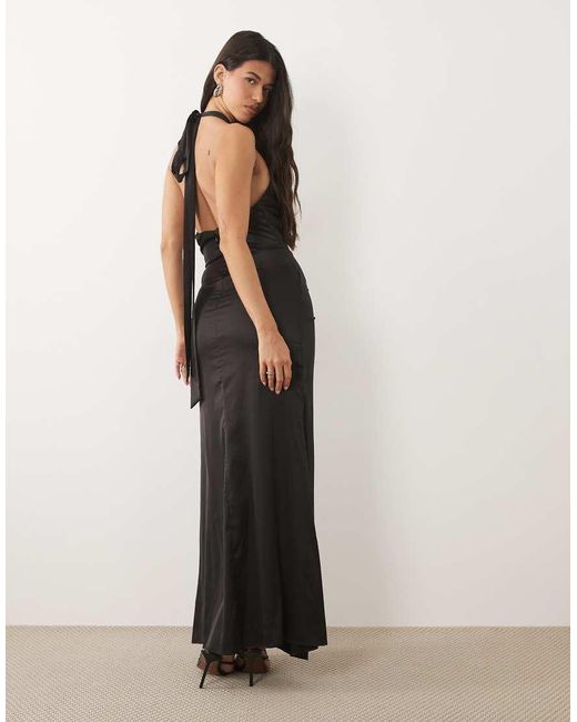 TFNC London Black Satin Halter Neck Cowl Plunge Split Detail Maxi Dress