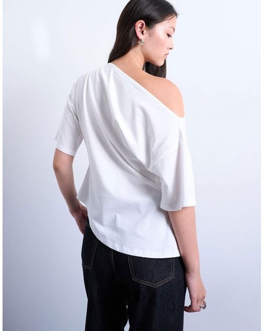 TOPSHOP White Off Shoulder Asymmetric Top With Cinch Detail