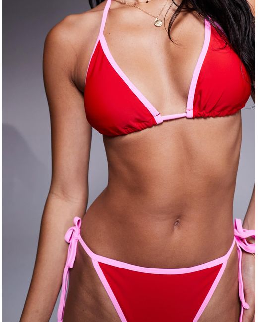 The Frolic Red Exclusive Contrast Binding Triangle Bikini Top Co-ord