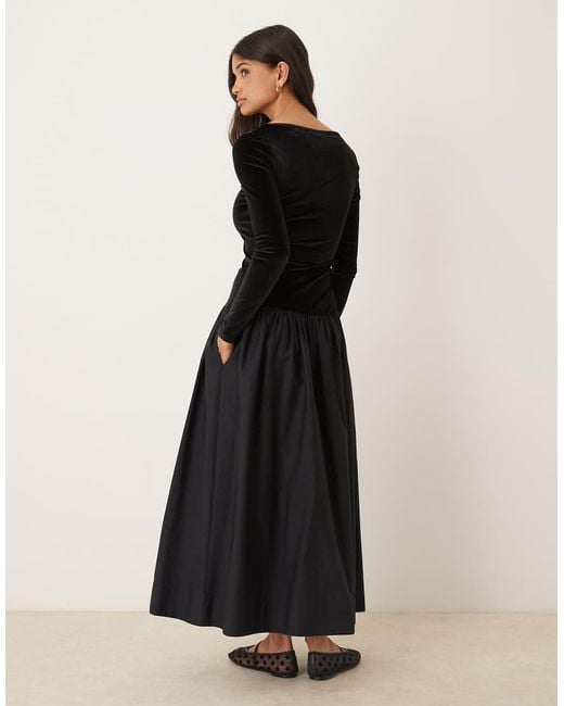 ASOS Black Velvet Hybrid Maxi Dress With Poplin Skirt