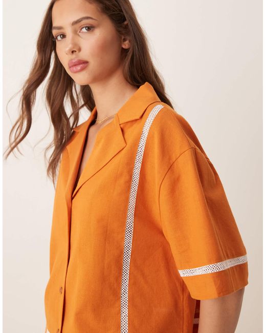 ASOS Orange Linen Blend Short Sleeve Shirt With Contrast Trim
