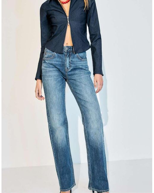 Stradivarius Blue D98 Straight-leg Vintage Effect Jeans