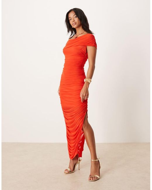 Forever New Red Mesh Ruched Asymmetrical Midaxi Dress