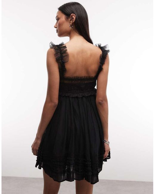 AllSaints Black Angela Sleeveless Lace Ruched Mini Babydoll Dress