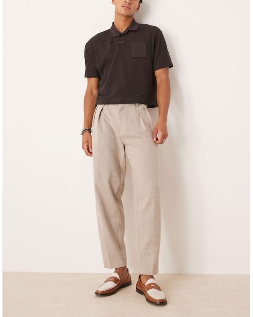 ASOS Natural Smart Oversized Tapered Pleated Trouser With Wool for men